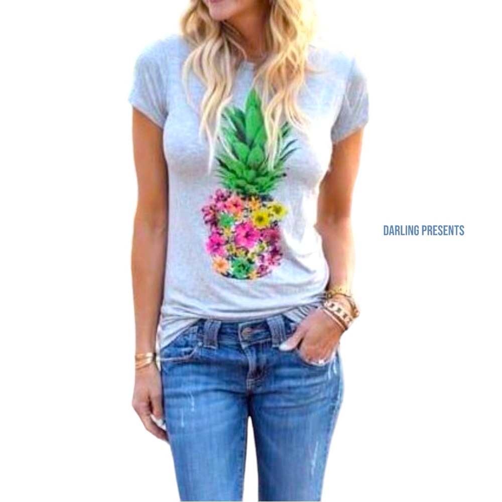 Floral Pineapple Tee Shirt Women Color Fray Size S